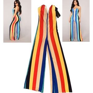 Fashion Nova Strapless Multi Colored Vertical Striped V-Neck Jumpsuit